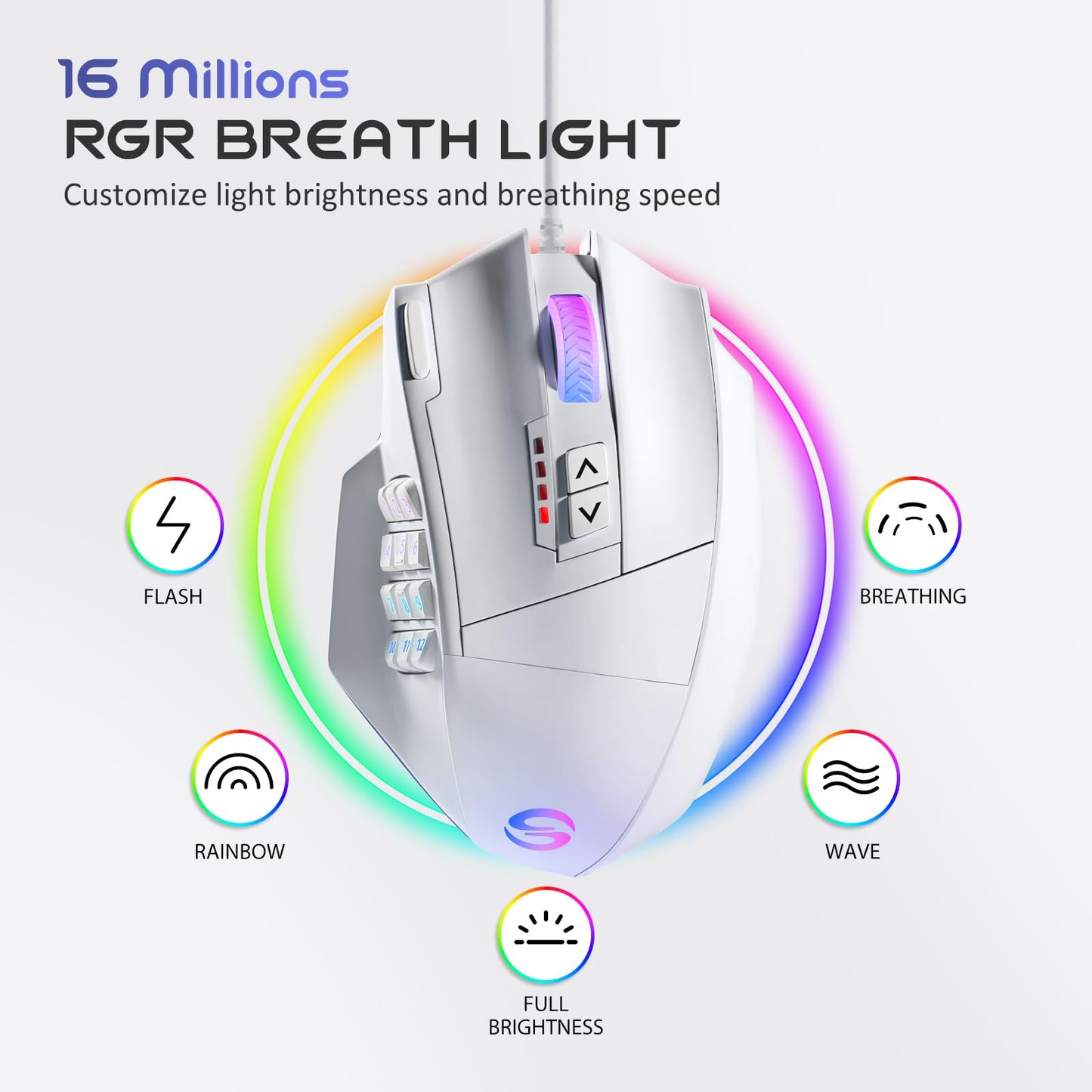 UtechSmart Venus Gaming Mouse - RGB Wired, 16400 DPI, 12 Side Buttons, Medium, Cool White, Model DS-2535