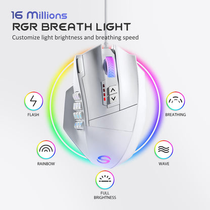 UtechSmart Venus Gaming Mouse - RGB Wired, 16400 DPI, 12 Side Buttons, Medium, Cool White, Model DS-2535