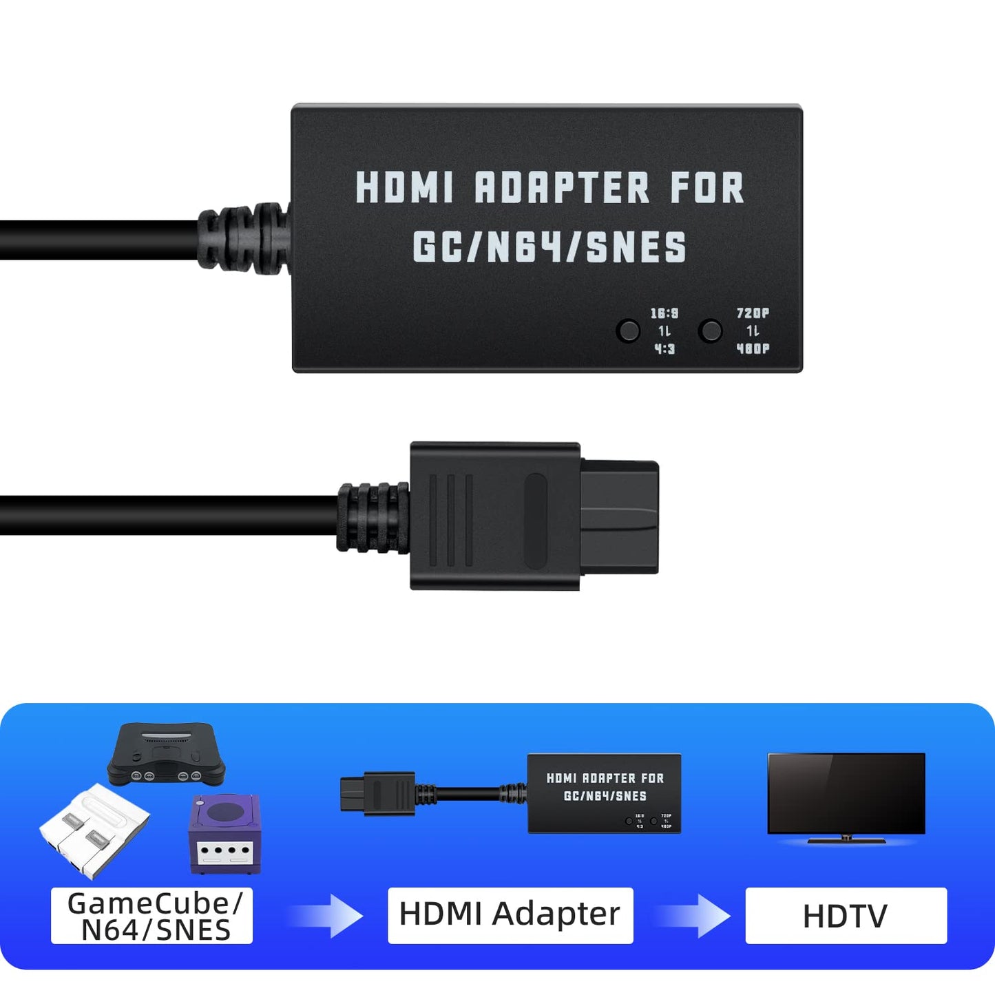 Mcbazel N64 to HDMI Converter Adapter for Nintendo GameCube/N64/SNES, Supports 4:3/16:9 Ratio, Black, Model MT-010248