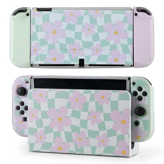 Casosexplorelab Protective Case for Switch OLED  Silicone Cover Shell Compatible with Nintendo Switch OLED Dockable Case Cozy Accessory Full Protection for Controller & Joy con-Sage Green Checker