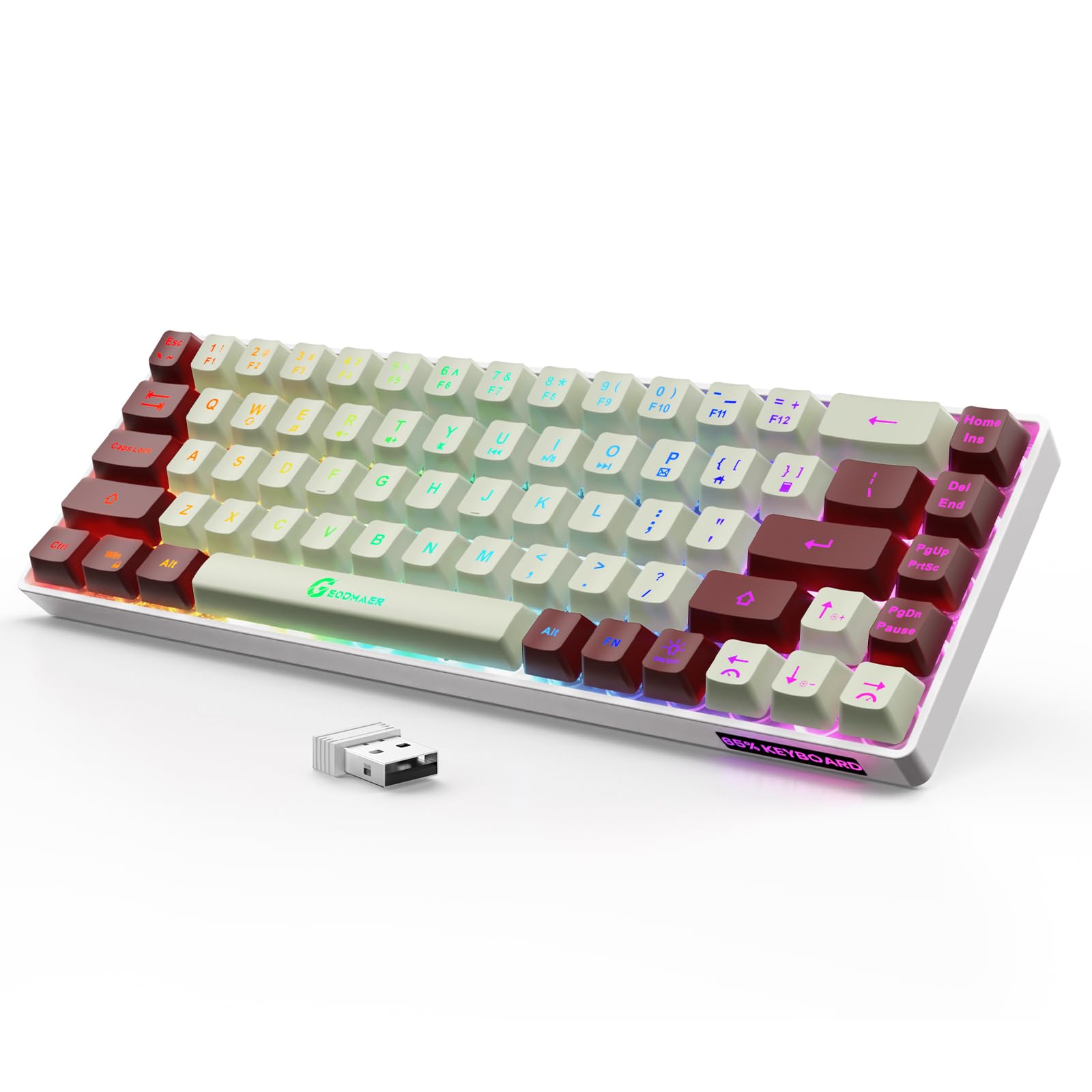 GEODMAER 65% Wireless Gaming Keyboard: LED Backlit  68 Keys  Ultra-Compact  Anti-ghosting  No-Conflict Wireless Keyboard for PC Laptop Windows Gamer(White-Red)