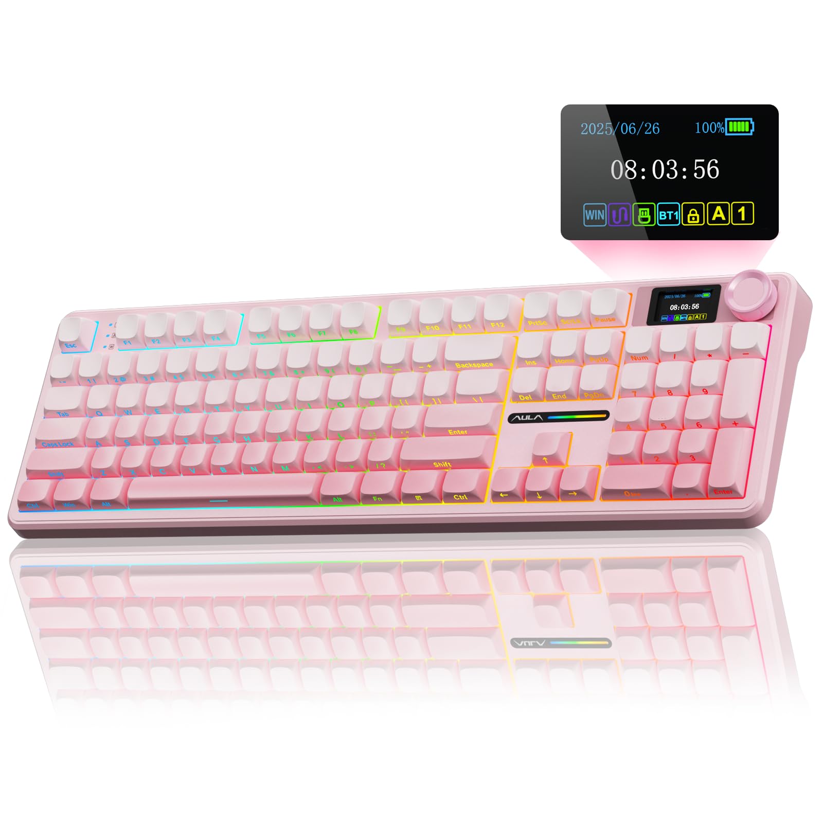 AULA F108 PRO - Wireless Mechanical Keyboard with Screen & Knob Full Size Keyboard with 8000mAh Battery Pre-lubed Switches Side Printed PBT Keycaps RGB Backlit Hot Swappable Custom Gaming Keyboards