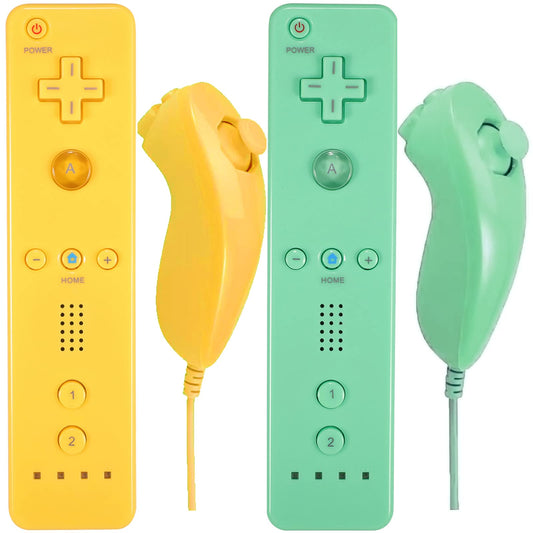 Arrocent Wireless Wii Controller & Nunchuck - Yellow & Green with Silicone Case & Wrist Strap