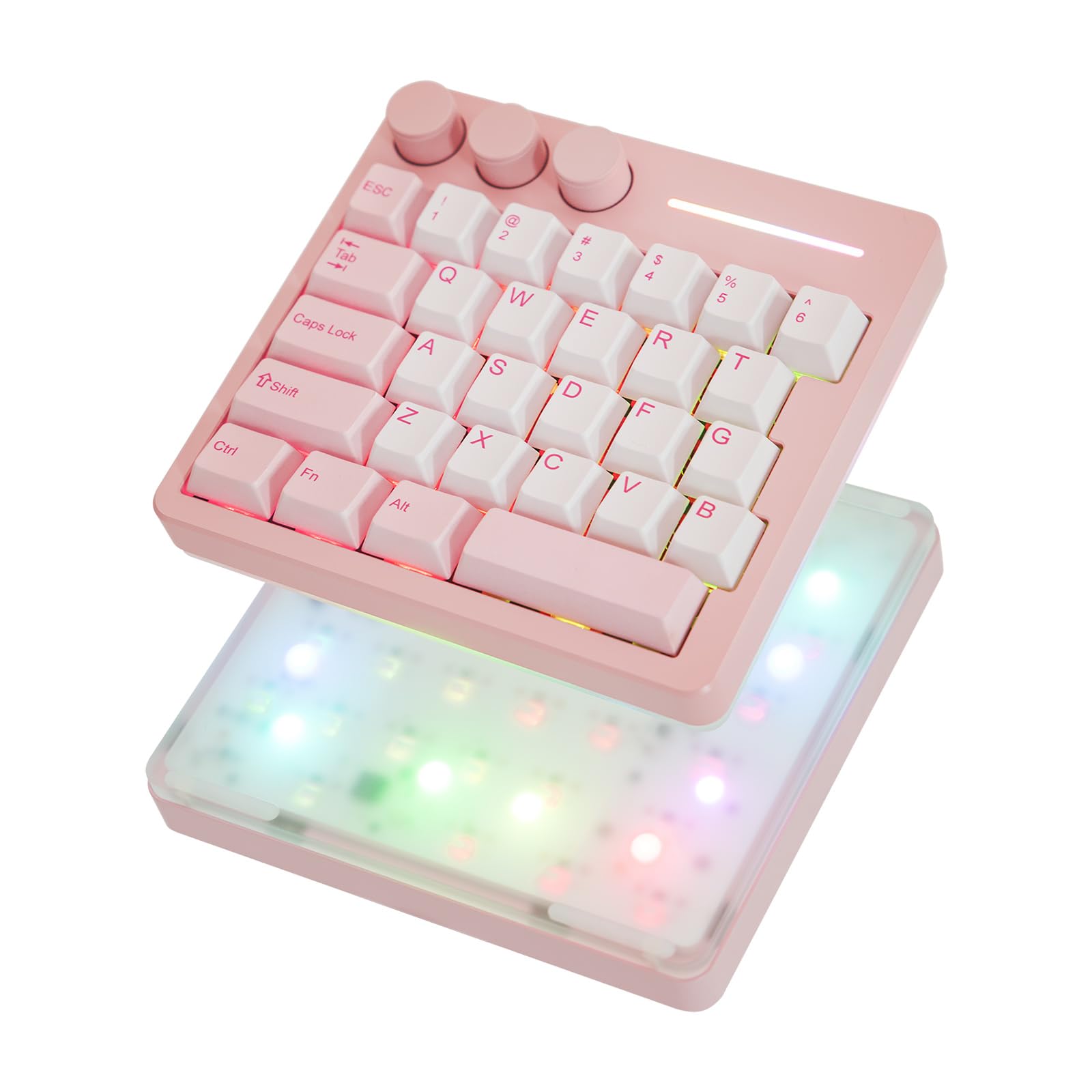 KiiBoom Cybrix 29 Rapid Fast Wired Gaming Keyboard  8Khz Polling  Aluminum & Acrylic One Handed Keyboard  3 Programmable Knobs  Magnetic Switch  Adjustable Actuation  RGB Backlits  FR4 Plate (Pink)