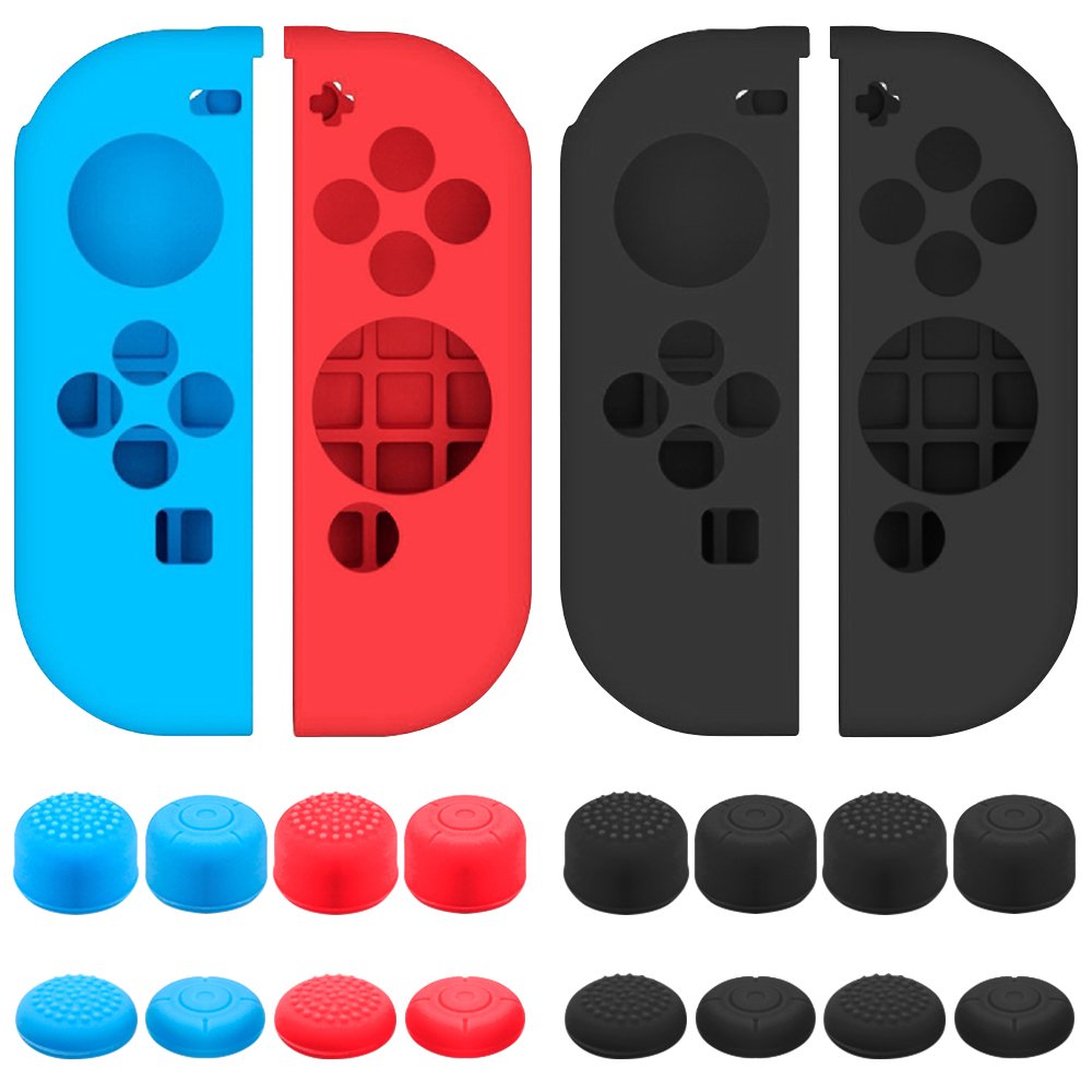 Protective Case Compatible with Nintendo Switch Joy-Con Controller with Thumb Caps  SENHAI 2 Pack Anti-Slip Silicone Grips Covers with 16 Thumb Stick Pads - Black  Blue + Red