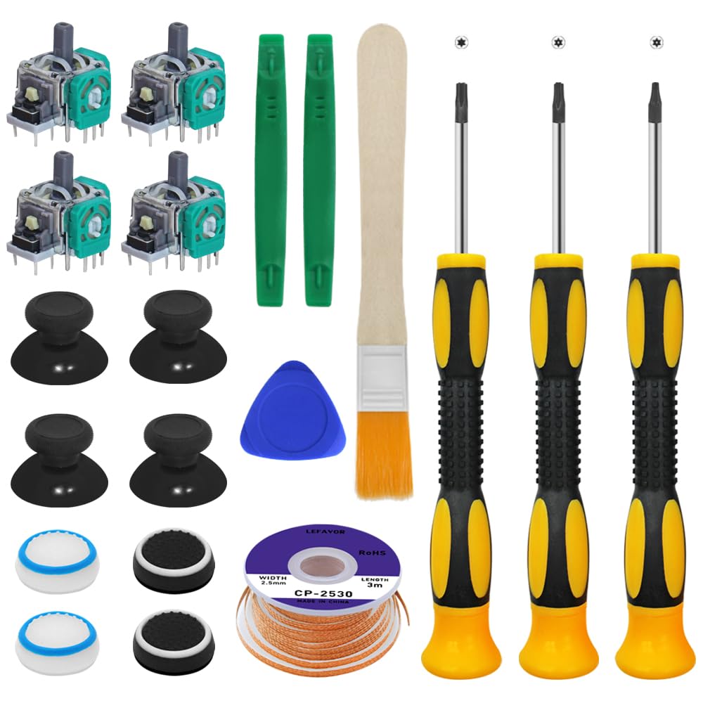 19 PCS Joystick Replacement Kit for Xbox Controllers - SourceTon Bumper Buttons  Thumbsticks  Silicone Caps  brush  Repair Screwdriver Kit & Solder Wick Braid Compatible with Xbox One Controllers