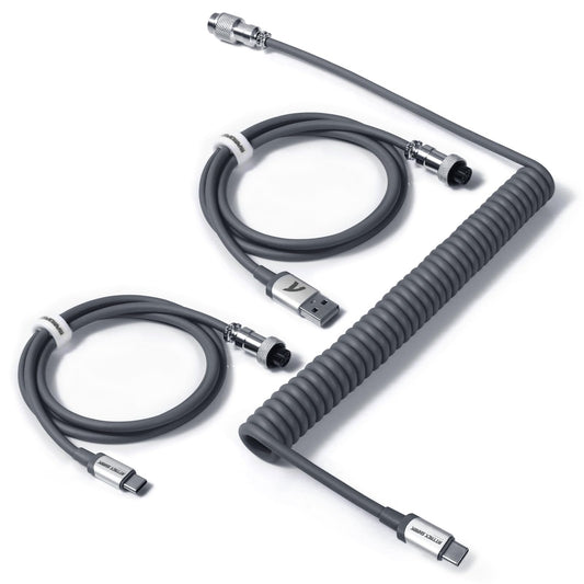 Coiled Keyboard Cable for Gaming Custom Keyboard Double-Sleeved Coiled USB C Cable with Detachable Metal Aviator USB A To Type C&Type C To Type C for Mechanical Keybaord Printer Phone Ipad Xbox-Grey