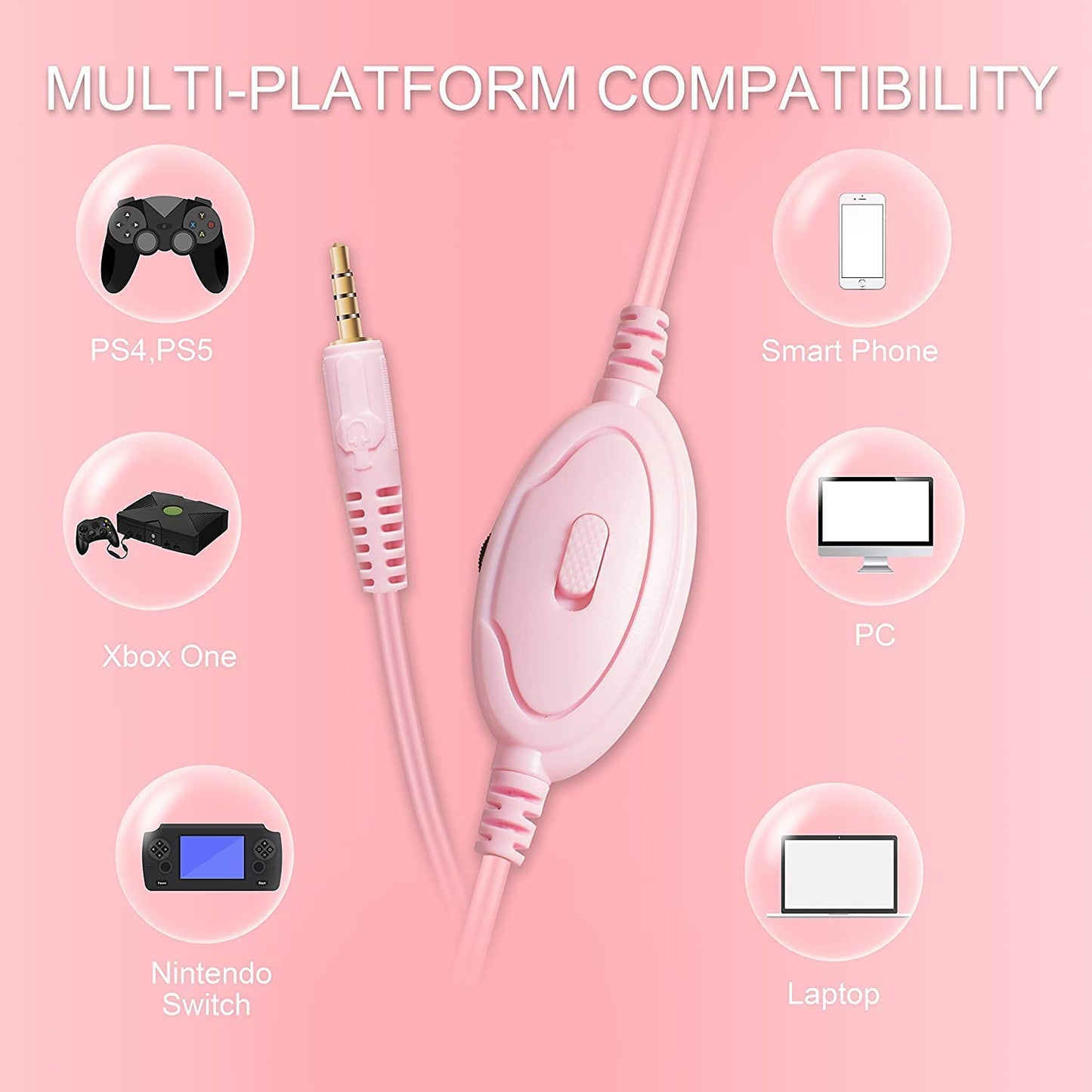 MASACEGON Pink Gaming Headset, H-10 Model, Wired Over-Ear, Noise Cancelling, Bass Surround for Nintendo Switch, Xbox, PS4/PS5, PC, Smartphone