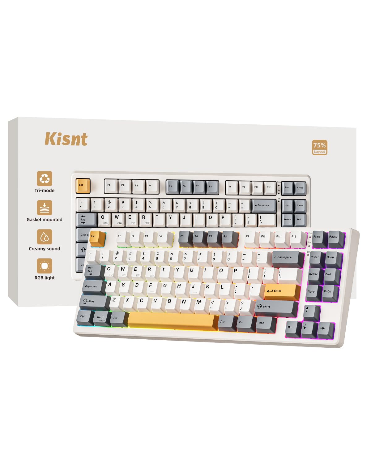 Kisnt Wireless Mechanical Keyboard KN85, Gasket Mounted, Bluetooth/2.4GHz/USB-C, RGB Backlit, 75% Compact, Retro Beige, Linear Switch
