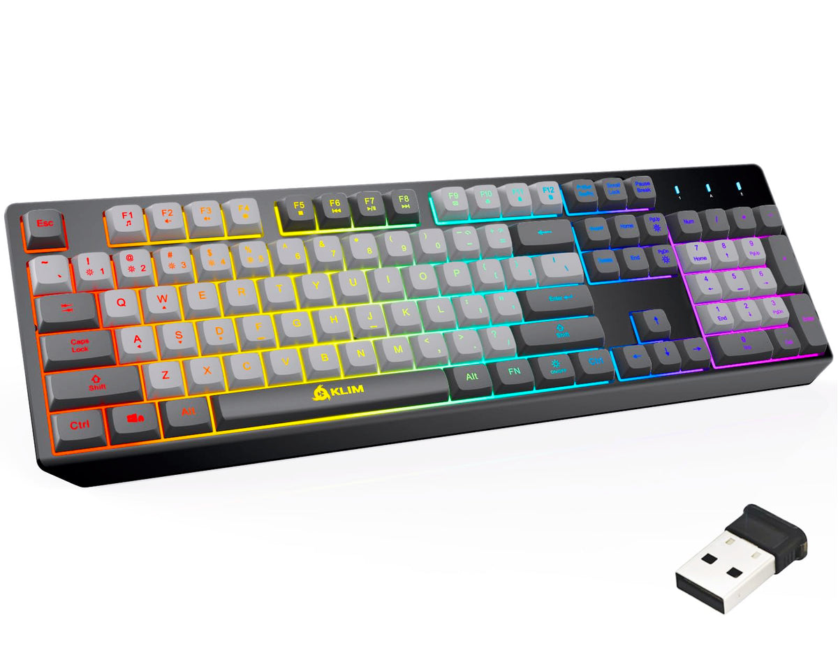 KLIM Chroma Wireless Gaming Keyboard RGB - Backlit Wireless Keyboard - Long-Lasting Rechargeable Battery - Quiet Water Resistant Ergonomic Keyboard - Teclado Gamer - PC PS5 PS4 Mac - Gray/Black