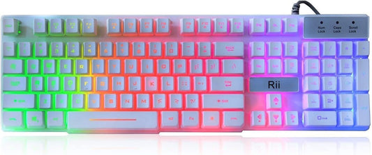 Rii RK100+ White Gaming Keyboard USB Wired Multiple Colors Rainbow LED Backlit Large Size Mechanical Feeling Ultra-Slim Multimedia Office Keyboard Non-Slip for Primer Gaming and Working Office Device