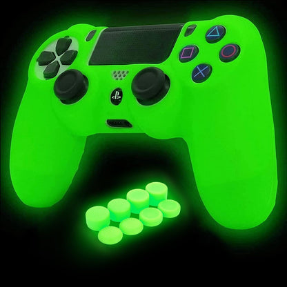 HLRAO Glow Green Anti-Slip Silicone Cover for PS4 Controller, Includes 8 Thumb Grips and 2 Glow Caps, Model SM-944