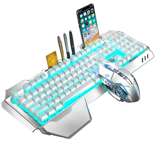 Wireless Keyboard and Mouse Blue LED Backlit Rechargeable Keyboard Mouse with 3800mAh Battery Metal Panel Removable Hand Rest Mechanical Feel Keyboard and 7 Color Gaming Mute Mouse for PC Gamers