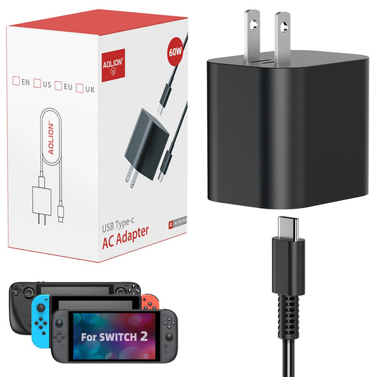 Switch 2 Charger  60W 20V/3A Fast Charger PD3.0 for Switch2/Switch/OLED/Steam Deck AC Adapter with Type-C 5FT Cable  Support 4K TV Dock Mode - [Replace Charger for Official NS 2]