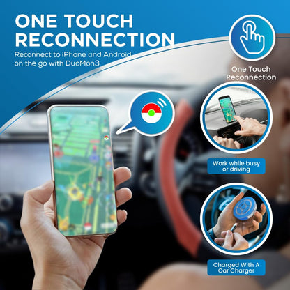 megacom DuoMon3 Dual Accounts Pocket Auto Catcher, IPX7 Waterproof, Bluetooth 65ft, USB-C & Wireless Charging, Blue