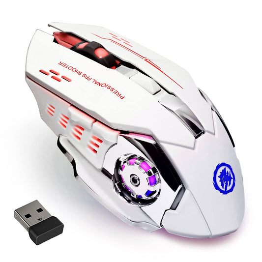 Wireless Gaming Mouse Bluetooth Mouse RGB Rechargeable 2.4G USB Cordless Computer Mice with 7 Color Backlit  6 Buttons & Silent Click for Laptop  iPad  Mac OS  PC  Windows -White