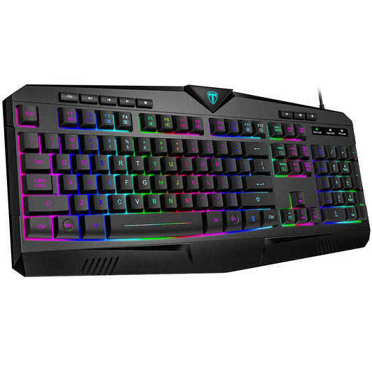 Dacoity Gaming Keyboard  Full Size RGB Backlit Quiet Computer Keyboard  Wrist Rest  Silent Keys  Multimedia Keys  Anti-ghosting  Waterproof Light Up USB Wired Keyboard for PC Mac Xbox Gamer Office