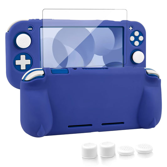 CHIN FAI Protective Case for Nintendo Switch Lite - Soft Grip Cover with Ergonomic Handles, Self Stand, 4 Thumb Stick Caps, Silicone-Blue