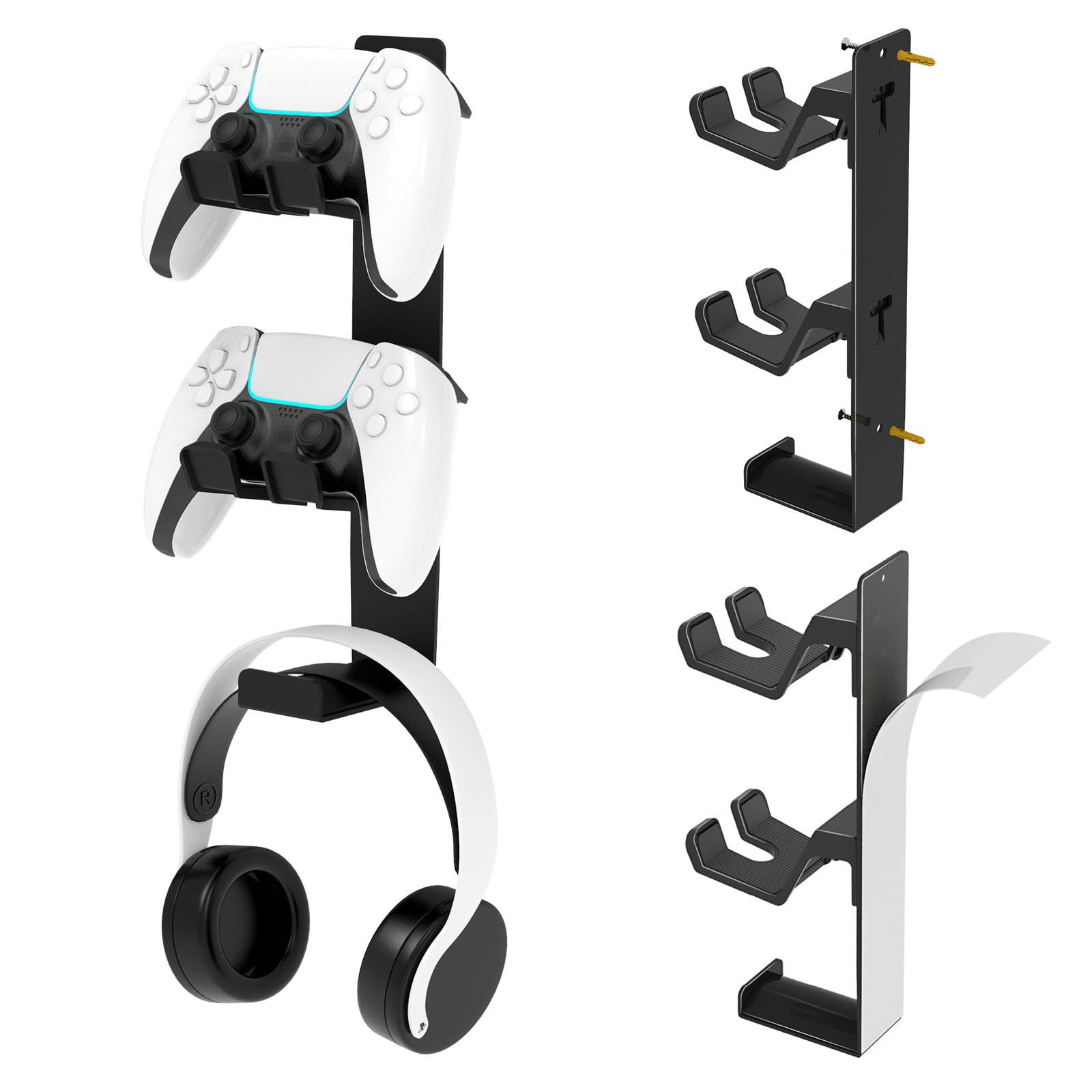 ZYTHRONE Dual Controller Holder Wall Mount  Metal Headset Stand for PS5  PS4  with Stable 3M Adhesive  Strong Adhesive by Screws  Black