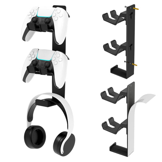 ZYTHRONE Dual Controller Holder Wall Mount  Metal Headset Stand for PS5  PS4  with Stable 3M Adhesive  Strong Adhesive by Screws  Black