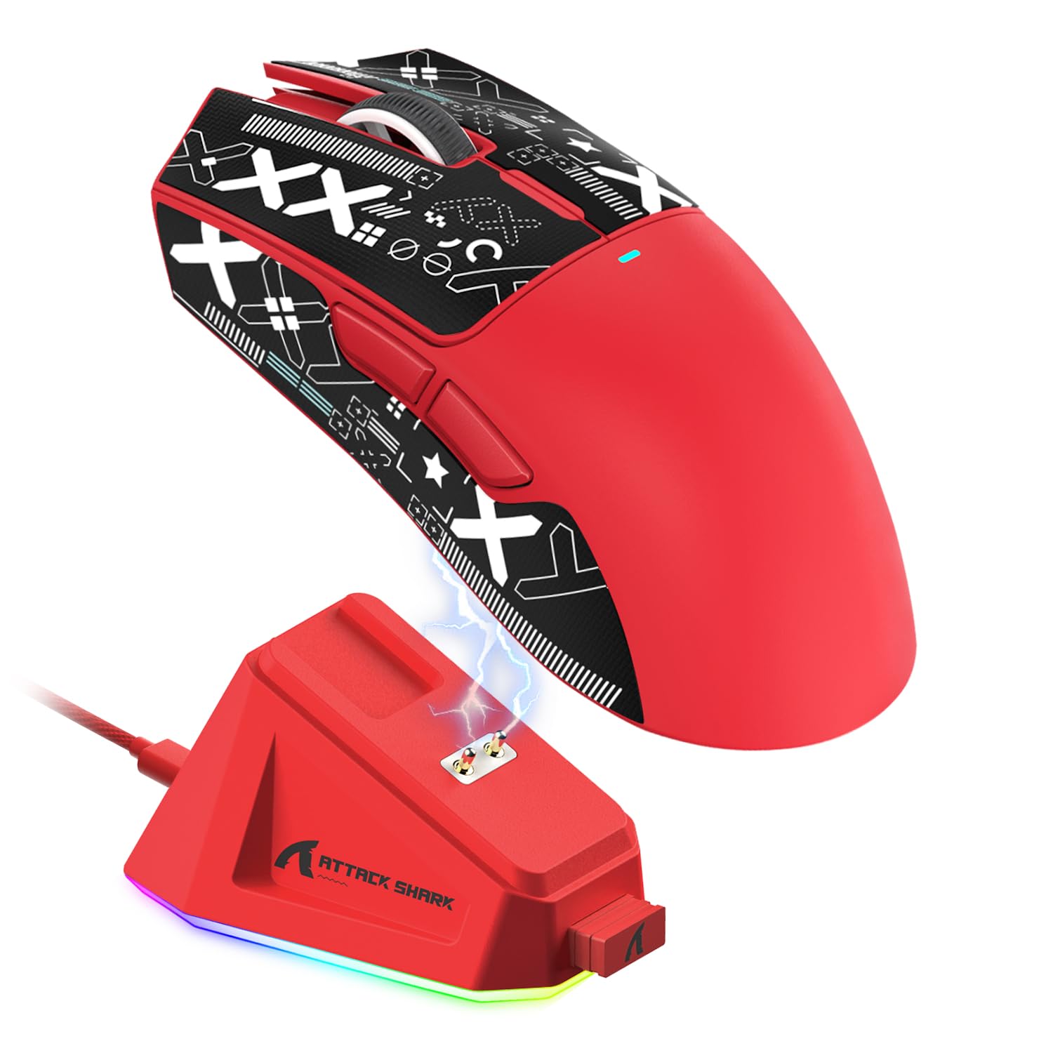 ATTACK SHARK X11 Ultra-Light Gaming Mouse - 22K DPI, 5 Programmable Buttons, Magnetic Charging Stand, Red&Sticker