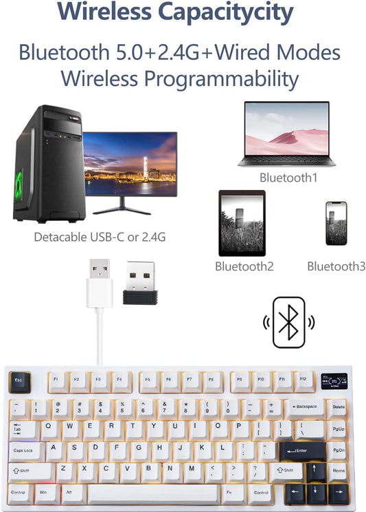 keydous NJ81 Wireless Mechanical Keyboard - 75% Hot-swappable, RGB, Bluetooth/2.4G/Wired, White Moon Version, Brass Plate + Gateron Pro Milky Yellow