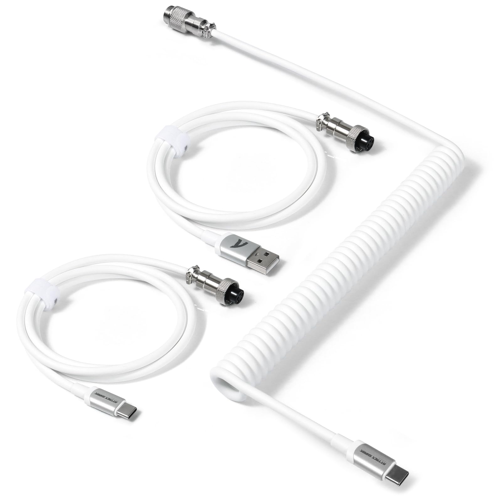 Coiled Keyboard Cable for Gaming Custom Keyboard Double-Sleeved Coiled USB C Cable with Detachable Metal Aviator 2 in 1 USB C to A and C Cable for Mechanical Keybaord Printer Phone Ipad Xbox-White