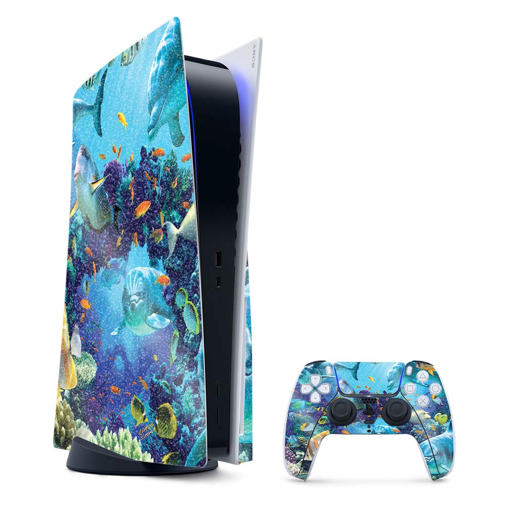 MightySkins Glossy Glitter Gaming Skin for PS5 / PlayStation 5 Bundle - Ocean Friends | Durable High-Gloss Glitter Finish | Easy to Apply and Change Style | Made in The USA
