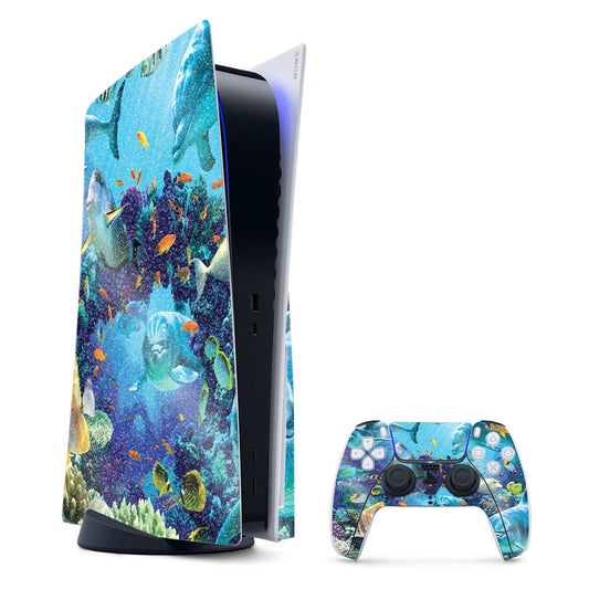 MightySkins Glossy Glitter Gaming Skin for PS5 / PlayStation 5 Bundle - Ocean Friends | Durable High-Gloss Glitter Finish | Easy to Apply and Change Style | Made in The USA