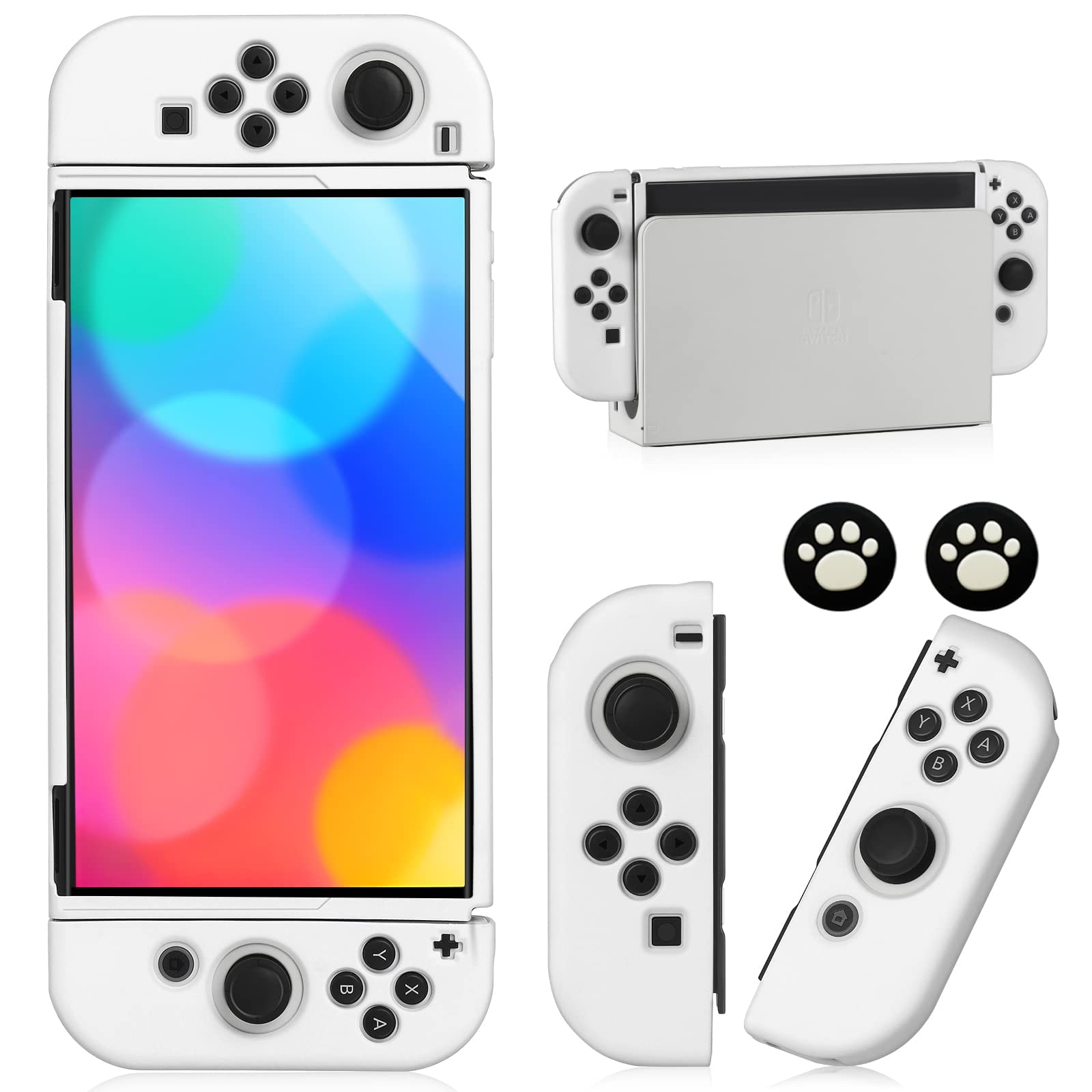 Switch OLED Case for Nintendo Switch OLED Model  Dockable Cover Soft TPU Protector Case for Switch OLED Grips & Console and Accessories with 2 Pcs Thumb Caps  White