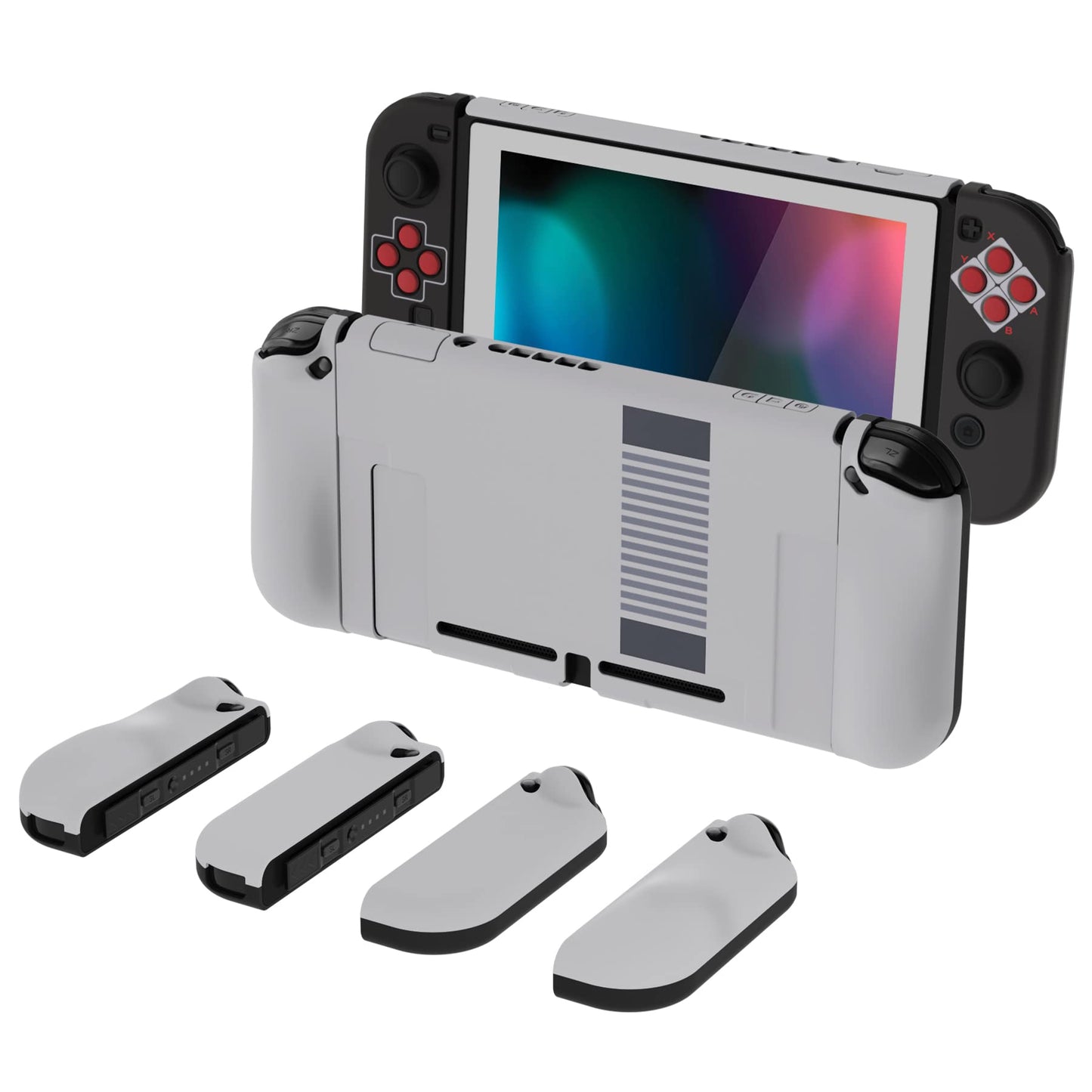 PlayVital AlterGrips Ergonomic Grips Cover for Nintendo Switch  [2 Design] Interchangeable Comfort Dockable Protective Case with Screen Protector & Thumb Grip Buttons Caps - Classics NES Style