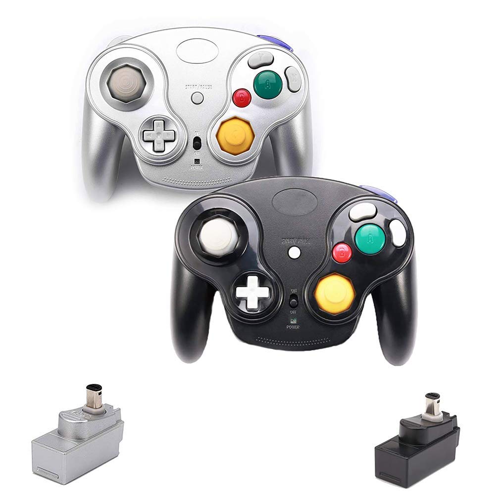 VTone Wireless Game Cube Controller - 2.4G Classic Gamepad (Black & Silver) - 2 Pieces with Receiver Adapter for Wii/Game Cube