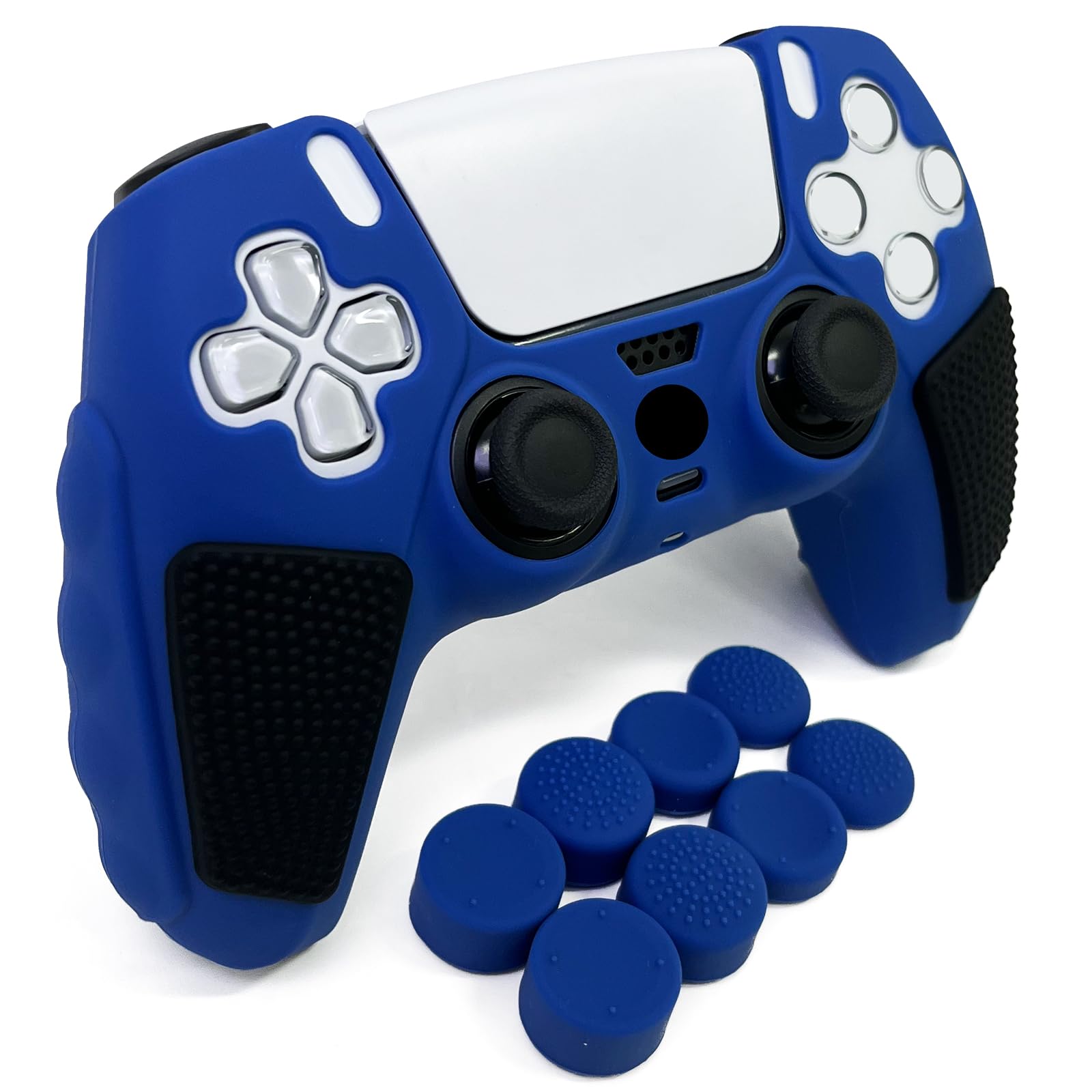 HLRAO Anti-Slip Blue PS5 Controller Skin Soft Thicken Studded Protective Silicone Cover Skin Grips Compatible with PS5/Slim/Pro Controller and 8 PCS Thumb Grips Caps.