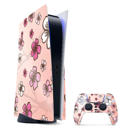 MightySkins Glossy Glitter Gaming Skin for PS5 / PlayStation 5 Bundle - Cherry Blossom | Durable High-Gloss Glitter Finish | Easy to Apply and Change Style | Made in The USA
