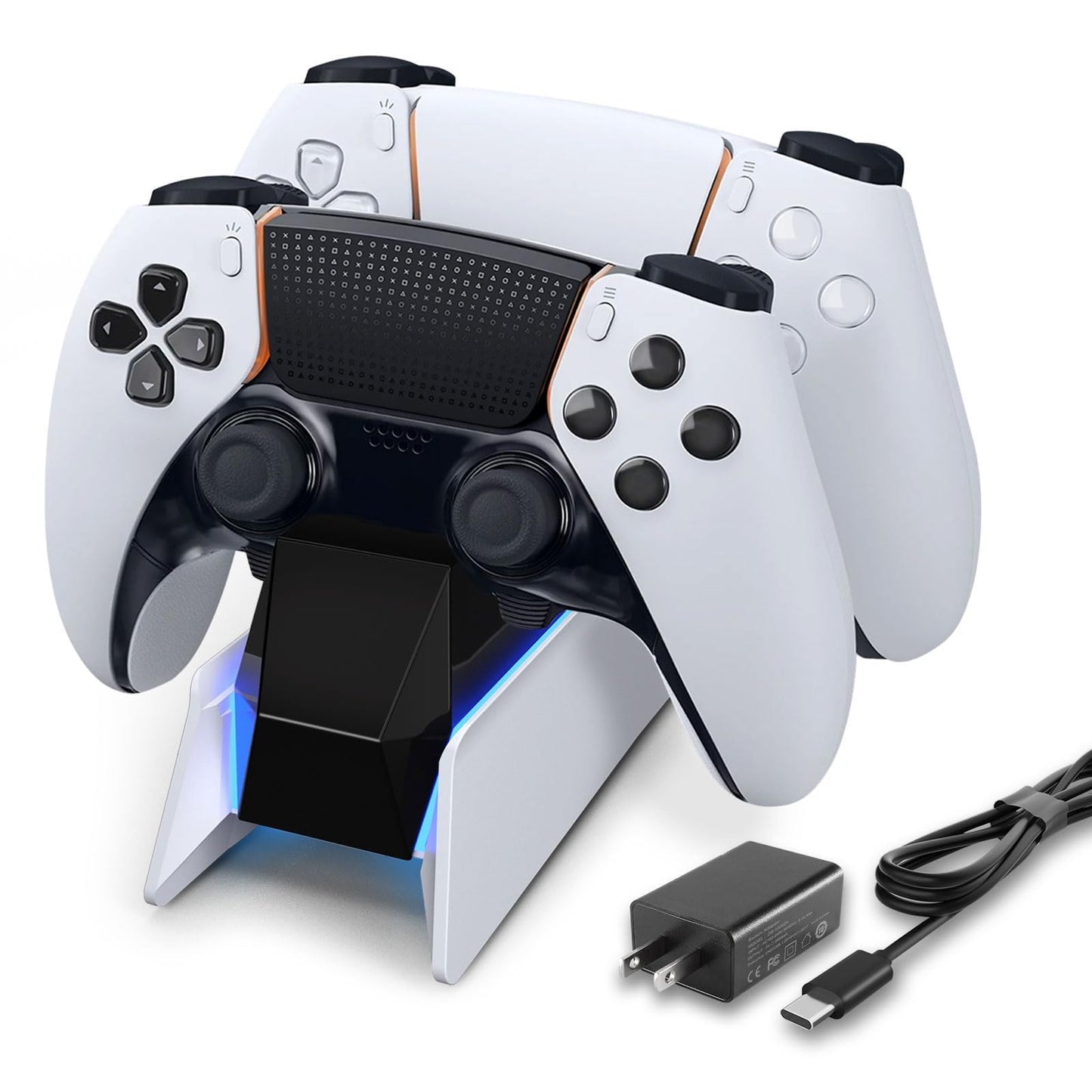 afbptek PS5 Controller Charger Station - Fast Dual Charging, White and Black, Model MRP0501, Blue LED Indicator