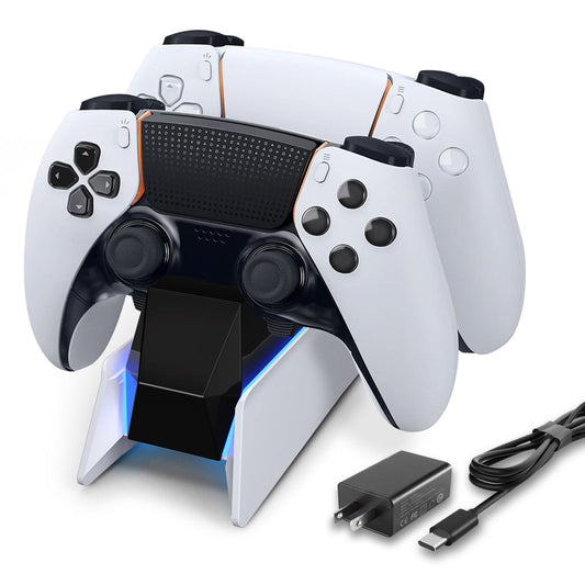 afbptek PS5 Controller Charger Station - Fast Dual Charging, White and Black, Model MRP0501, Blue LED Indicator