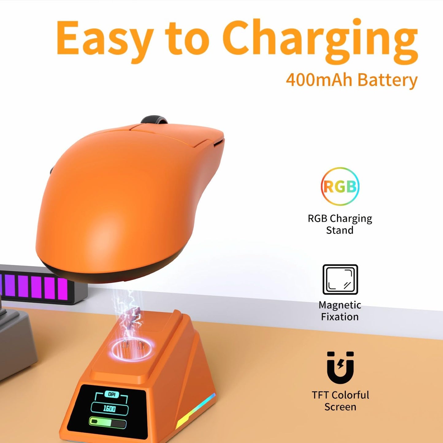 AJAZZ AJ159 Ultralight Gaming Mouse - 30K DPI, RGB Charging Dock, Sunset Orange, 100 Million Clicks, Ice Sensation Coating