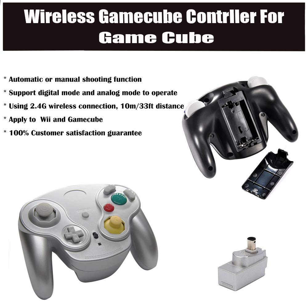 VTone Wireless Game Cube Controller - 2.4G Classic Gamepad (Black & Silver) - 2 Pieces with Receiver Adapter for Wii/Game Cube
