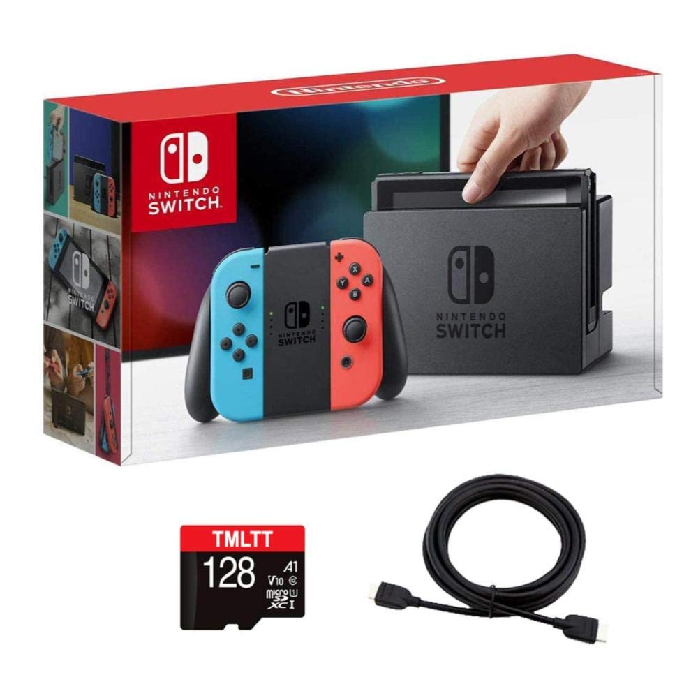 Nintendo Newest fine Switch Console Holiday Family Bundle - Nintendo Switch with Neon Blue and Neon Red Joy-Con with TMLTT HDMI Cable + 128GB MicroSD Card