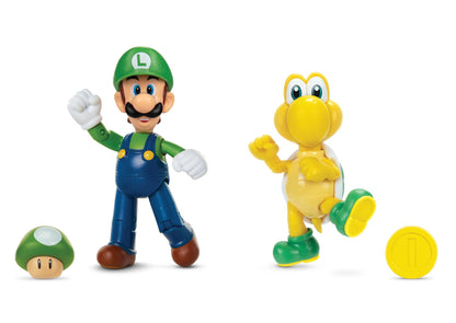 Super Mario Luigi & Koopa Troopa 4-Inch Action Figures 2-Pack with Accessories, Model 416434, Color: Luigi & Koopa Troopa