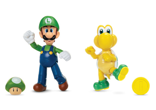 Super Mario Luigi & Koopa Troopa 4-Inch Action Figures 2-Pack with Accessories, Model 416434, Color: Luigi & Koopa Troopa