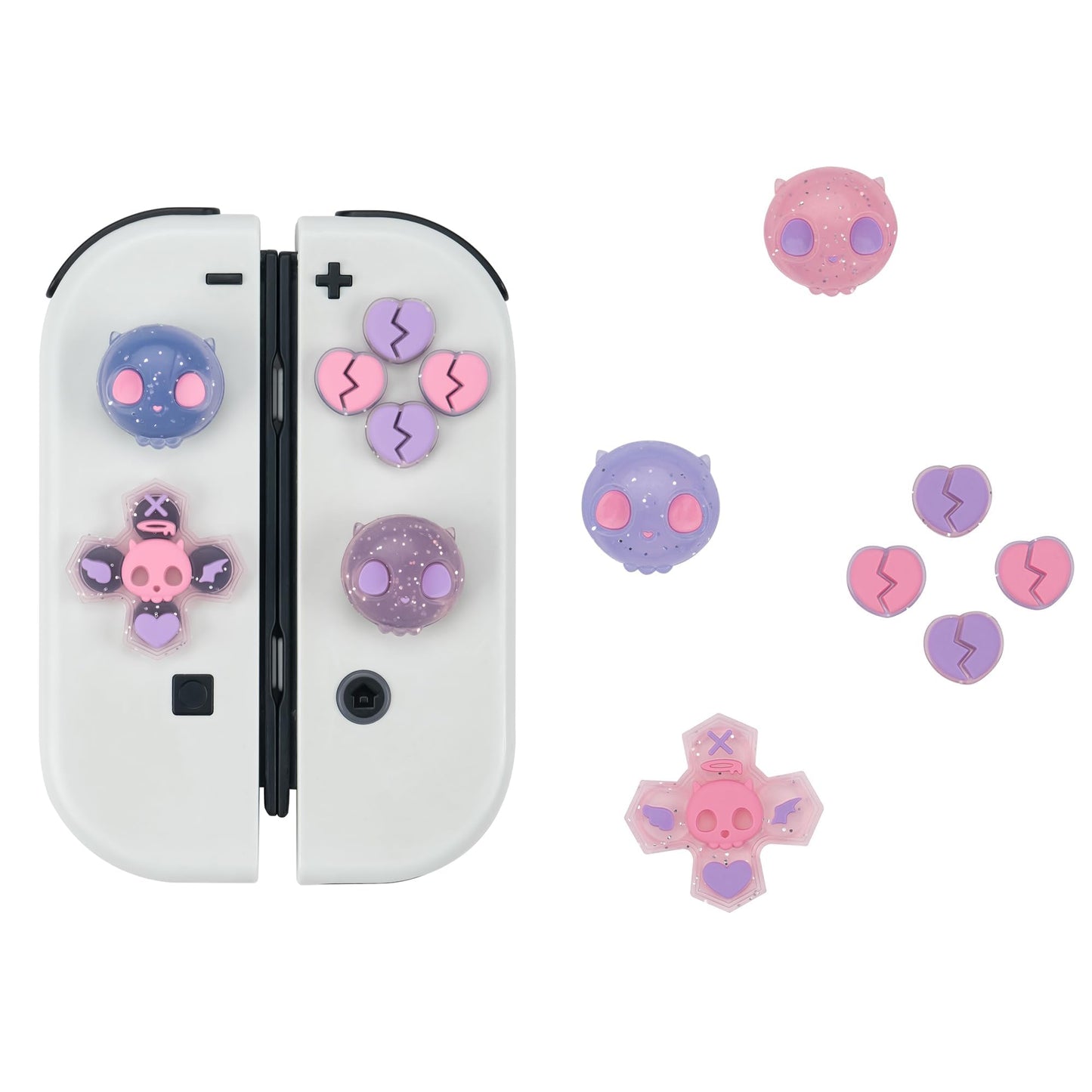 GeekShare Halloween Silicone Cross D-Pad Button Caps Set Joystick Cover - Cute ABXY Key Buttons Sticker Compatible with Switch/OLED Joy Con - Pink & Purple Skull