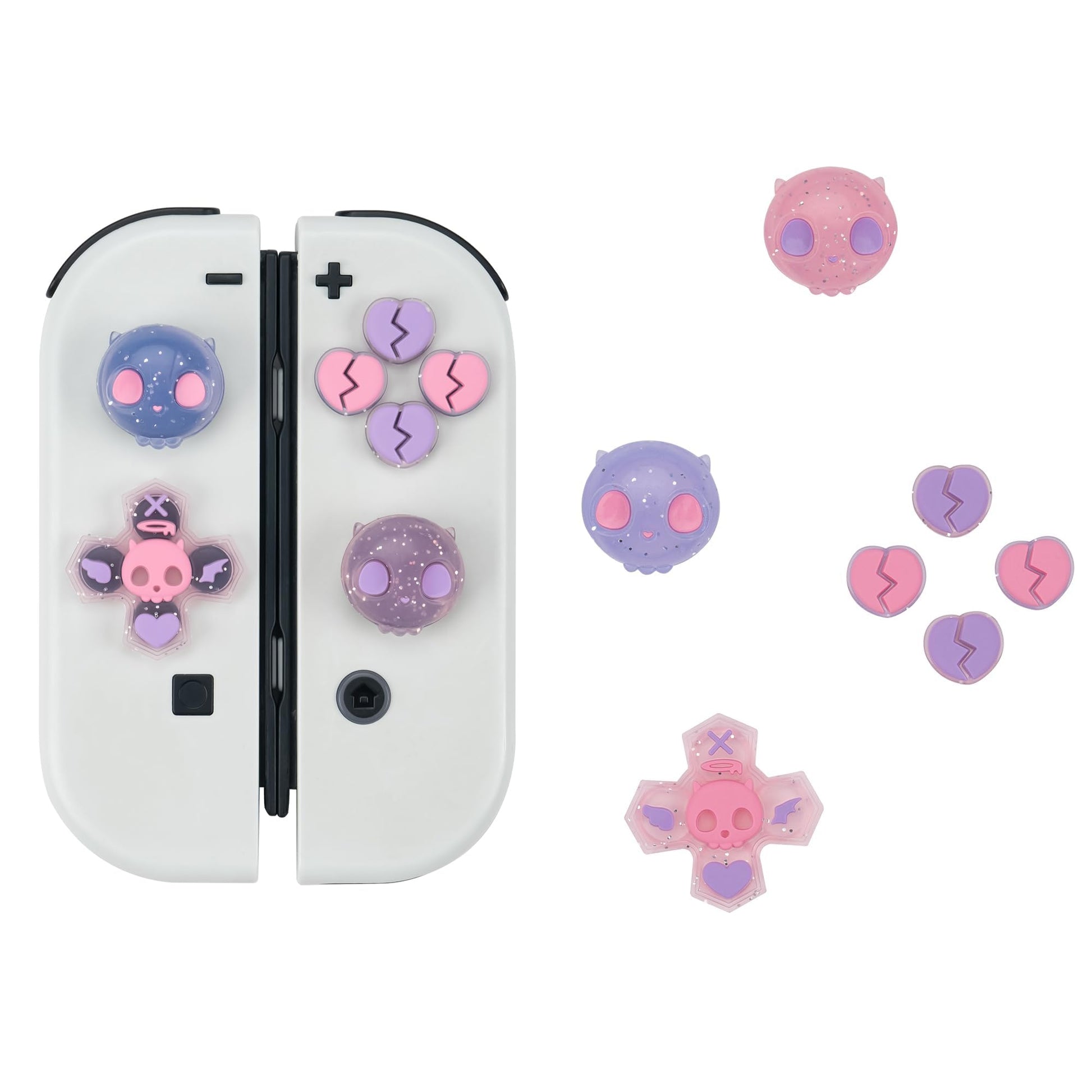 GeekShare Halloween Silicone Cross D-Pad Button Caps Set Joystick Cover - Cute ABXY Key Buttons Sticker Compatible with Switch/OLED Joy Con - Pink & Purple Skull