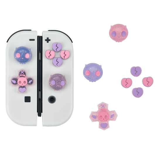GeekShare Halloween Silicone Cross D-Pad Button Caps Set Joystick Cover - Cute ABXY Key Buttons Sticker Compatible with Switch/OLED Joy Con - Pink & Purple Skull
