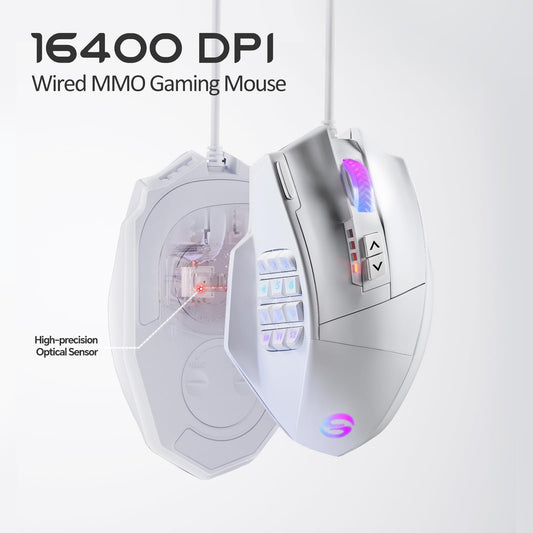 UtechSmart Venus Gaming Mouse - RGB Wired, 16400 DPI, 12 Side Buttons, Medium, Cool White, Model DS-2535