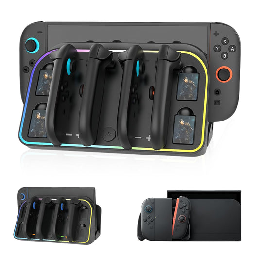 Charging Dock for Nintendo Switch 2  Dockable 4-in-1 JoyCon Controllers Charge Station  with 4 Game Card Storage Holder  LED Indicators& 7 RGB Light  Wall Mount Fast Magnetic Charger  Type-C Cable