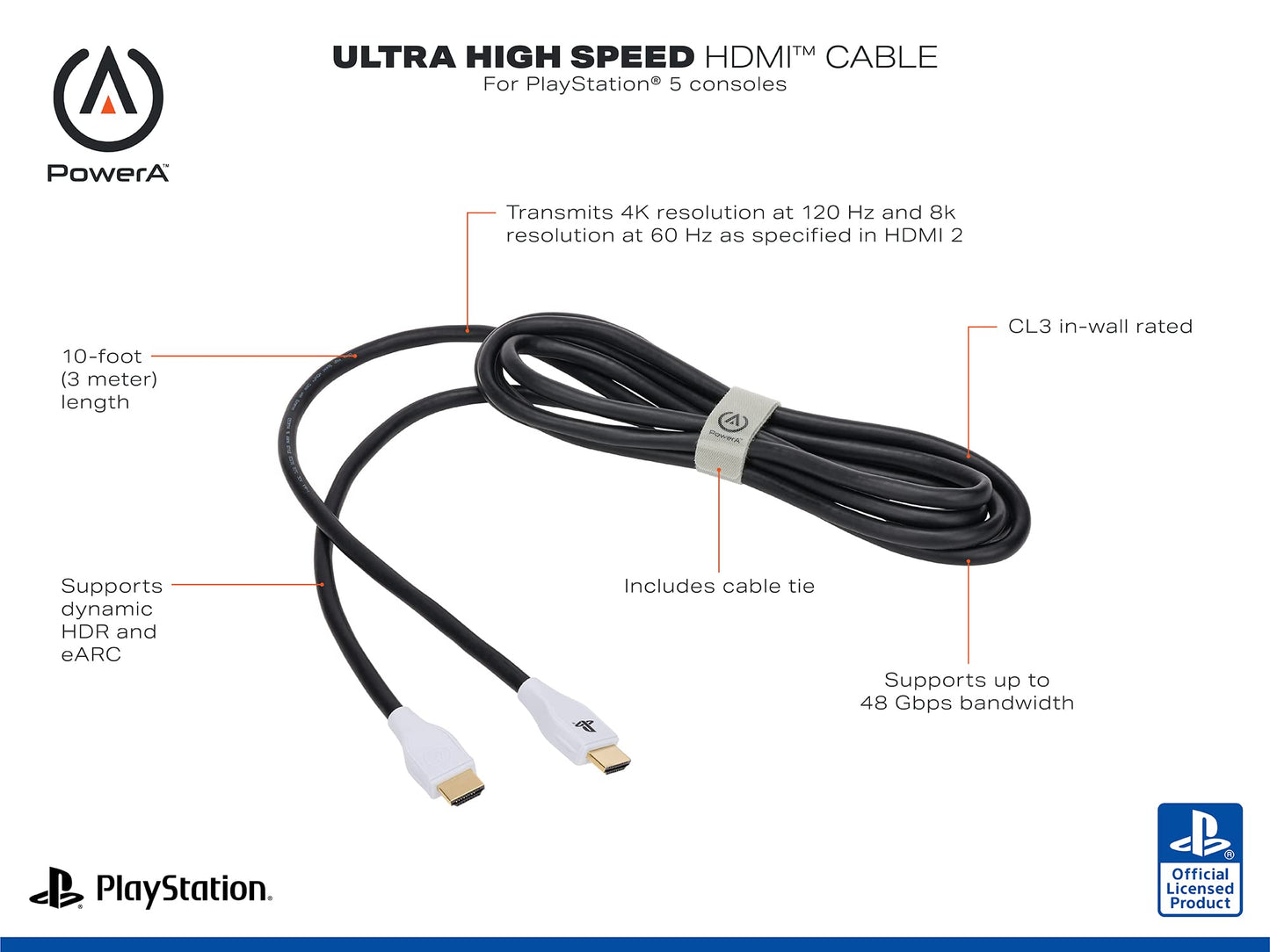 PowerA Ultra HDMI 2.1 Cable for PS5 - 3m, 4K 120Hz, 8K 60Hz, Black, Compatible with DualSense Controllers