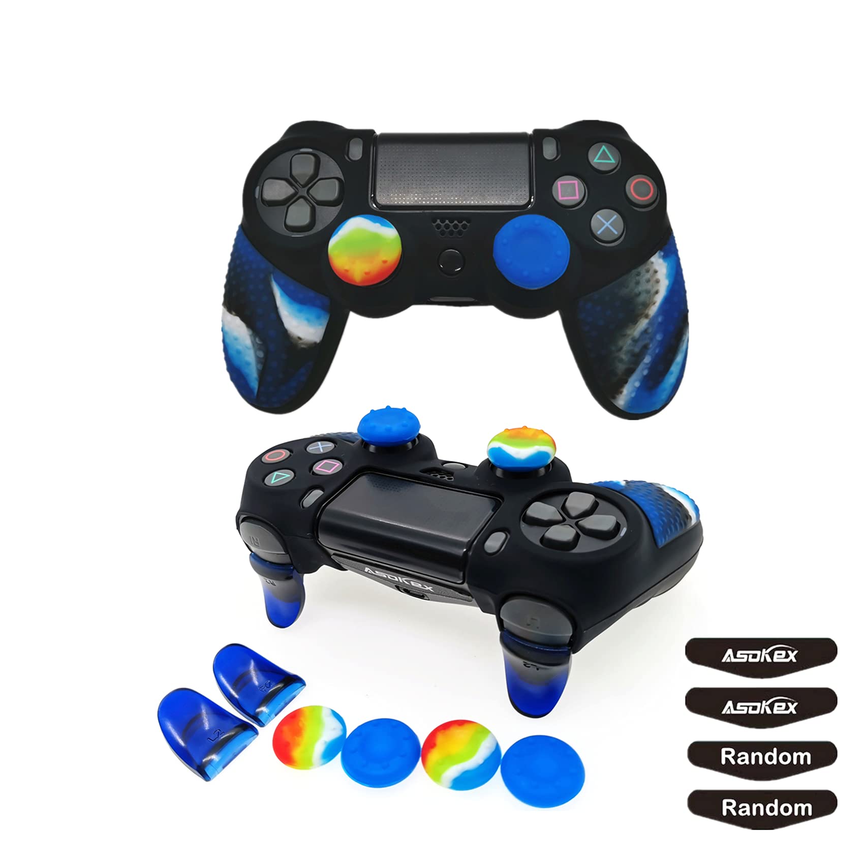 Silicone Skin Cover for Ps4 Slim/Pro DualShock Controller(1pc Anti-Slip Case  1 Pair L2 R2 Trigger Extender  4pcs Thumb Grips 4pcs LED Light Bar Protector Decal)(Double Blue granular)