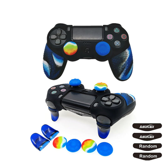 Silicone Skin Cover for Ps4 Slim/Pro DualShock Controller(1pc Anti-Slip Case  1 Pair L2 R2 Trigger Extender  4pcs Thumb Grips 4pcs LED Light Bar Protector Decal)(Double Blue granular)