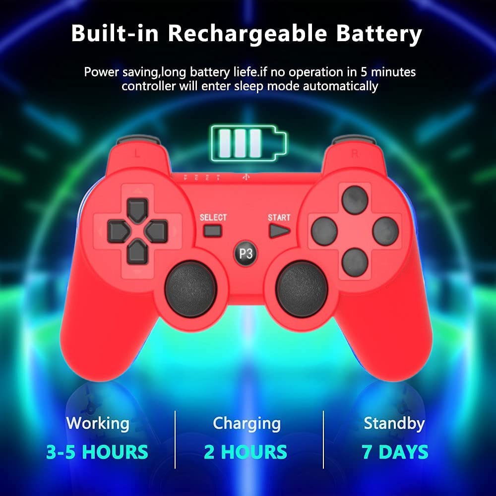 Rzzhgzq PS3 Wireless Controller - Bluetooth Gamepad with USB Charger, 2 Pack (Red & Green) for Playstation 3 Console